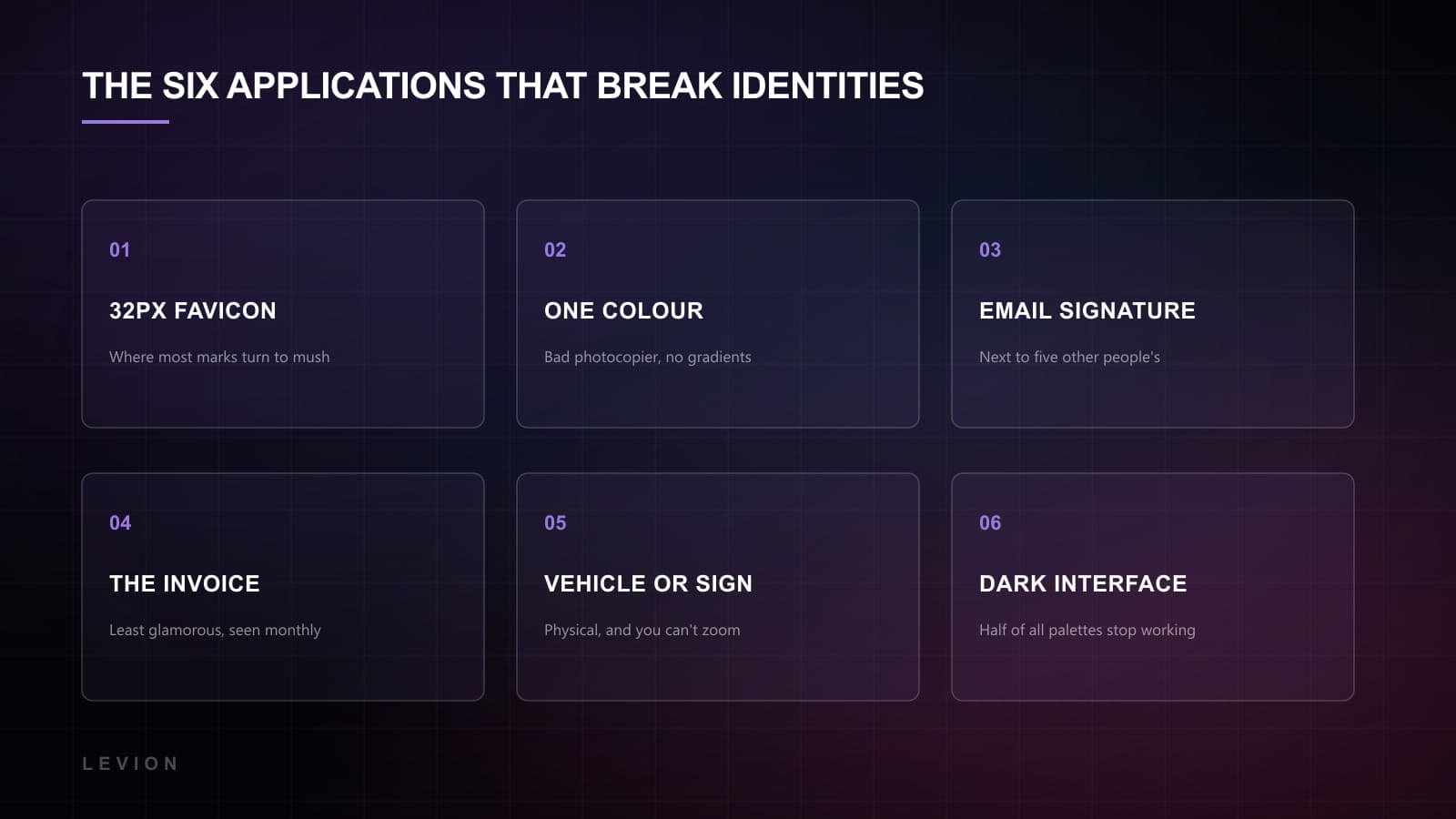Grid of hostile identity applications — favicon, one-colour print, email signature, invoice, van livery and app icon